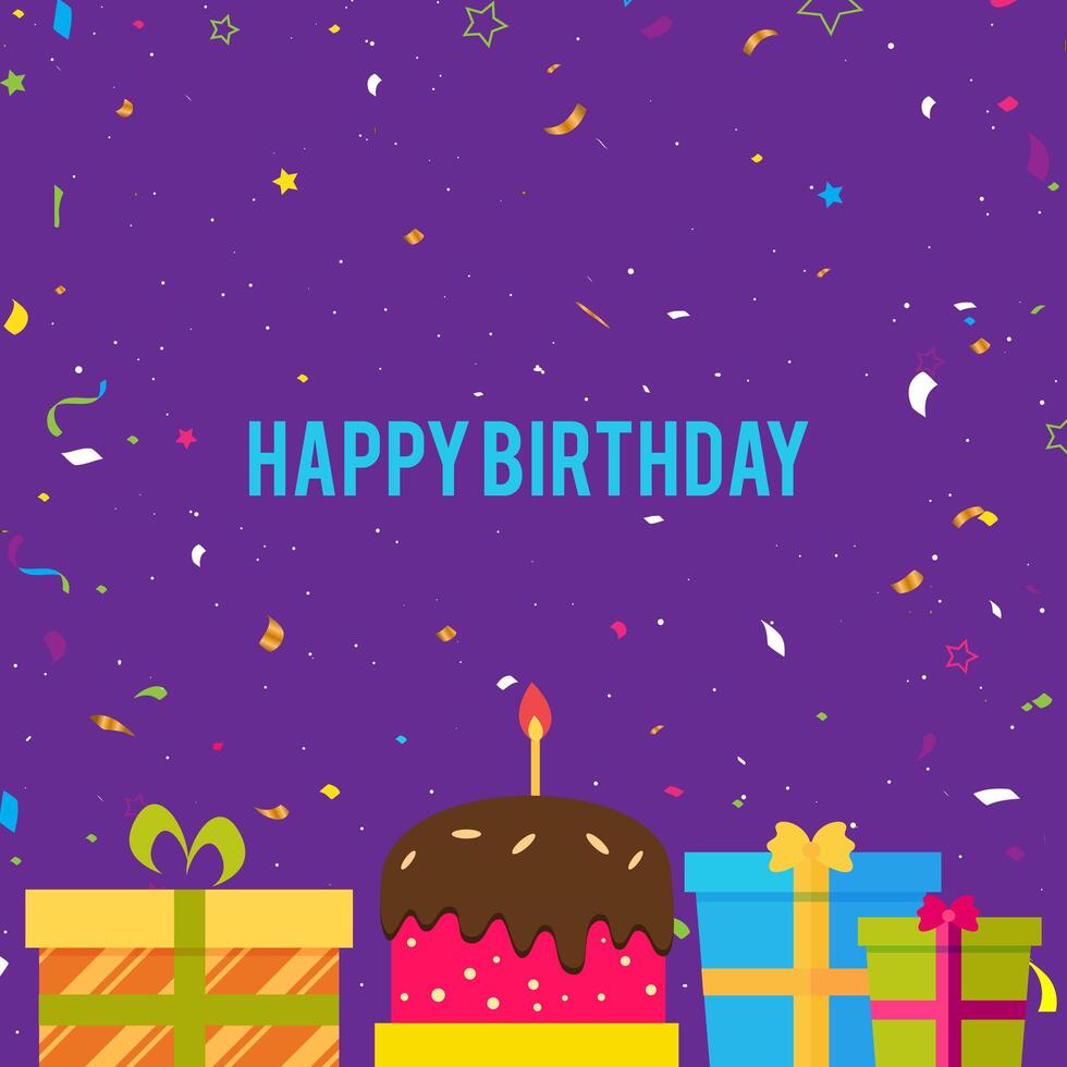 Happy Birthday background with confetti, cake and gift boxes vector