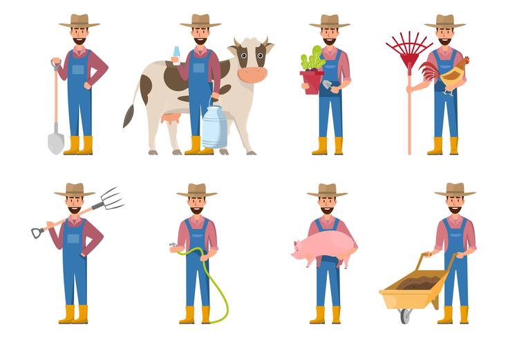 dibujos animados de granjero feliz en muchos personajes conjunto vector