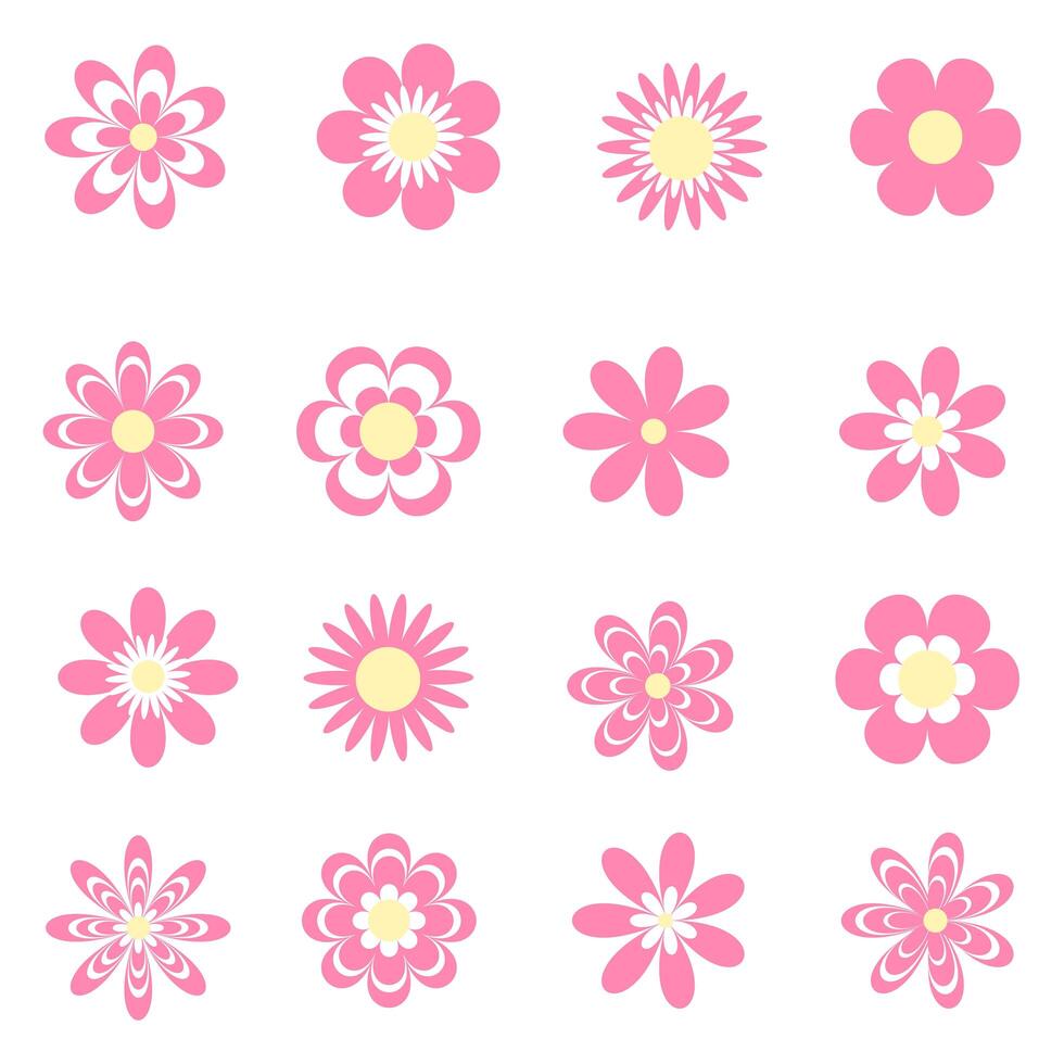 Pink flowers icons set vector