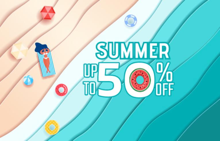 Top view blue sea paper waves and beach sale advertising design . Hot girl relaxing and sunbathe in summer season. vector