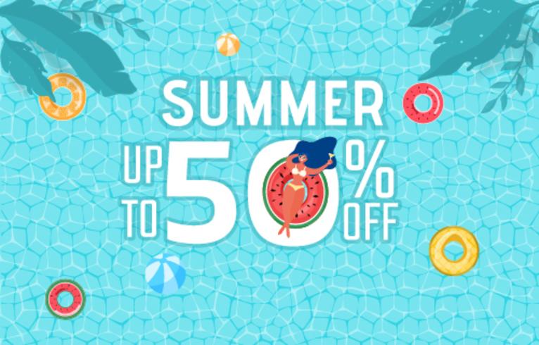 Top view of summer pool party. Summer time hot sale advertising design with girl on rubber ring in swimming pool. vector