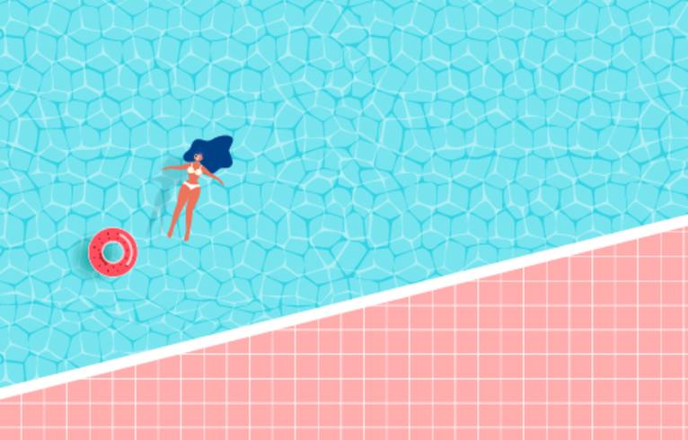 Top view of summer pool party. Summer time hot sale advertising design with girl on rubber ring in swimming pool. vector