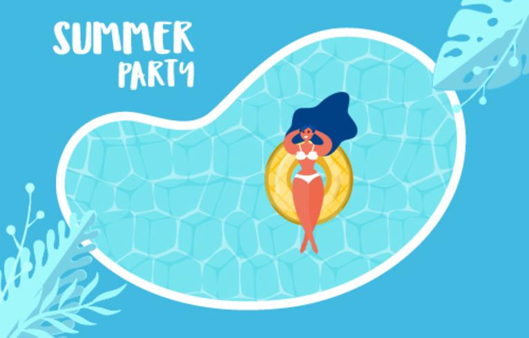 Vista superior de la fiesta en la piscina de verano. Diseño caliente de la publicidad de la venta del tiempo de verano con la muchacha en el anillo de goma en piscina. vector
