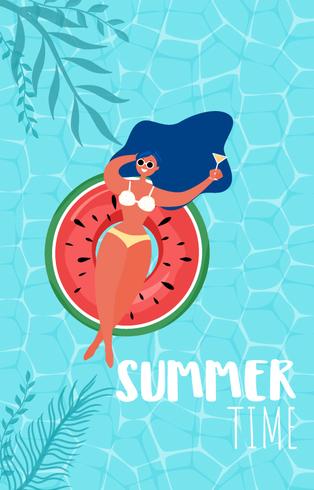 Top view of summer pool party. Summer time hot sale advertising design with girl on rubber ring in swimming pool vector