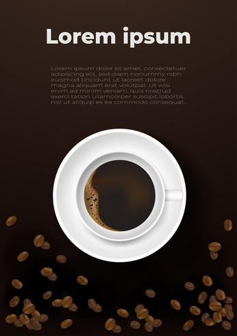 Taza realista de café y granos de café. Cartel de diseño anuncio flayers ilustración vectorial. Vista superior. vector