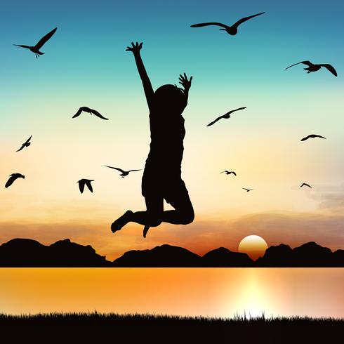 Happy girl jumping, on silhouette art. vector