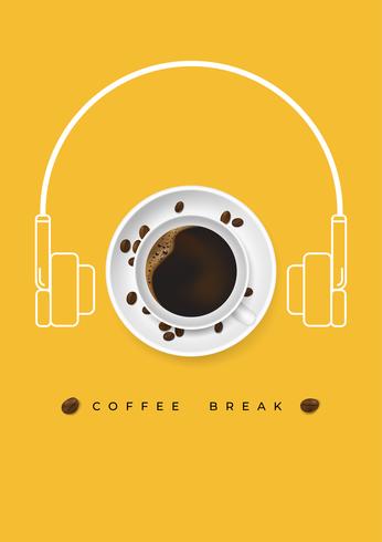 Realistic cup of coffee and coffee beans with headset shape and relaxing concept. Design poster advertisement flayers vector Illustration . Top View.