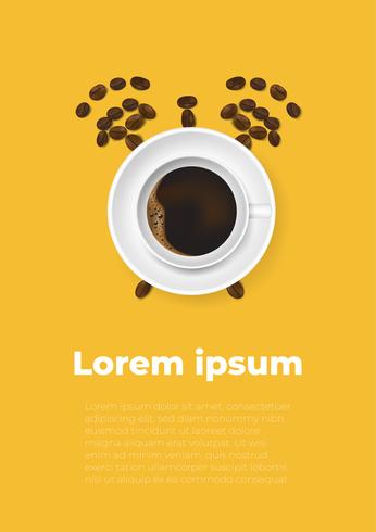 Taza realista de café y granos de café con concepto de reloj de tiempo. Diseño minimalista cartel anuncio flayers vector ilustración. Vista superior.