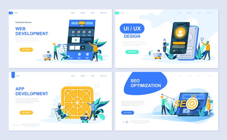 Conjunto de plantillas de página de destino para desarrollo web y de aplicaciones, diseño de interfaz de usuario, optimización SEO. Los conceptos planos modernos del ejemplo del vector adornaron el carácter de la gente para el sitio web y el desarrollo de