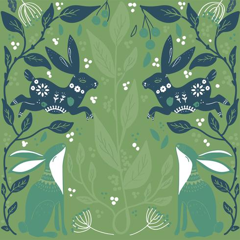 Scandinavian folk art pattern with bannies and flowers  seamless  vector