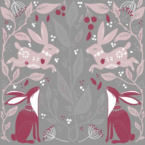 Scandinavian folk art pattern with bannies and flowers  seamless  vector