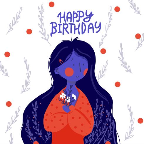 Tarjeta de felicitación plana moda chica pelo largo Happe cumpleaños vector illustration