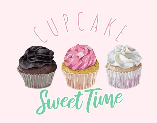 Lema de tiempo dulce cupcake con ilustración de cupcakes vector