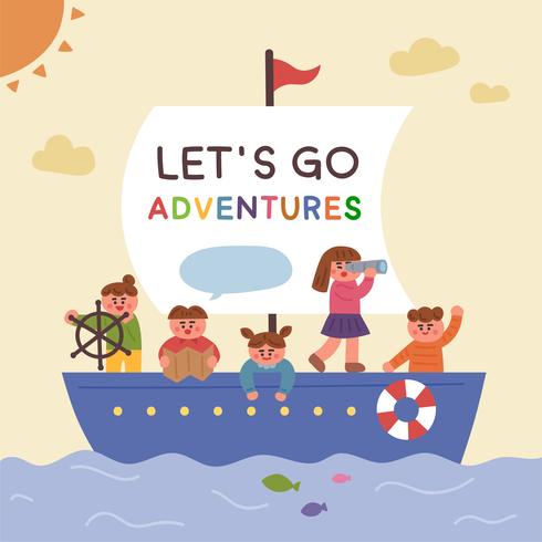 Cute children who went on a boat and explored. vector