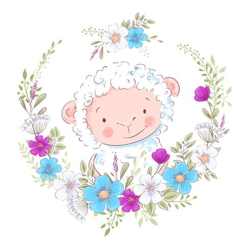 Ejemplo de la historieta de una oveja linda en una guirnalda de flores azules y púrpuras. Ilustración vectorial en mano dibujar 577629 Vector en Vecteezy Ejemplo de la historieta de una oveja linda en una guirnalda de flores azules y púrpuras. Ilustración vectorial en mano dibujar 577629 Vector en Vecteezy
