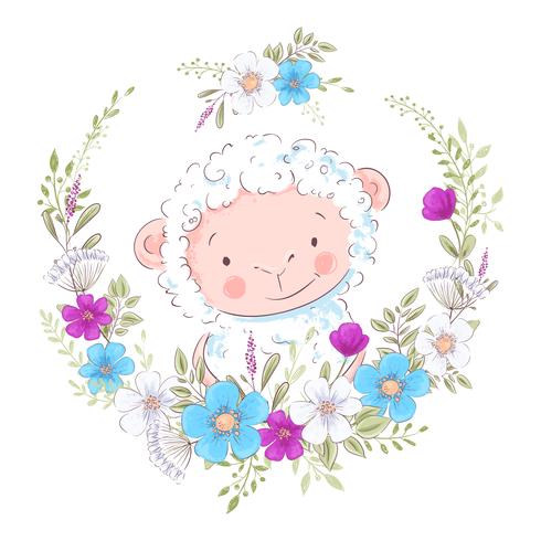 Cartoon illustration of a cute sheep in a wreath of blue and purple flowers. Vector illustration in hand draw