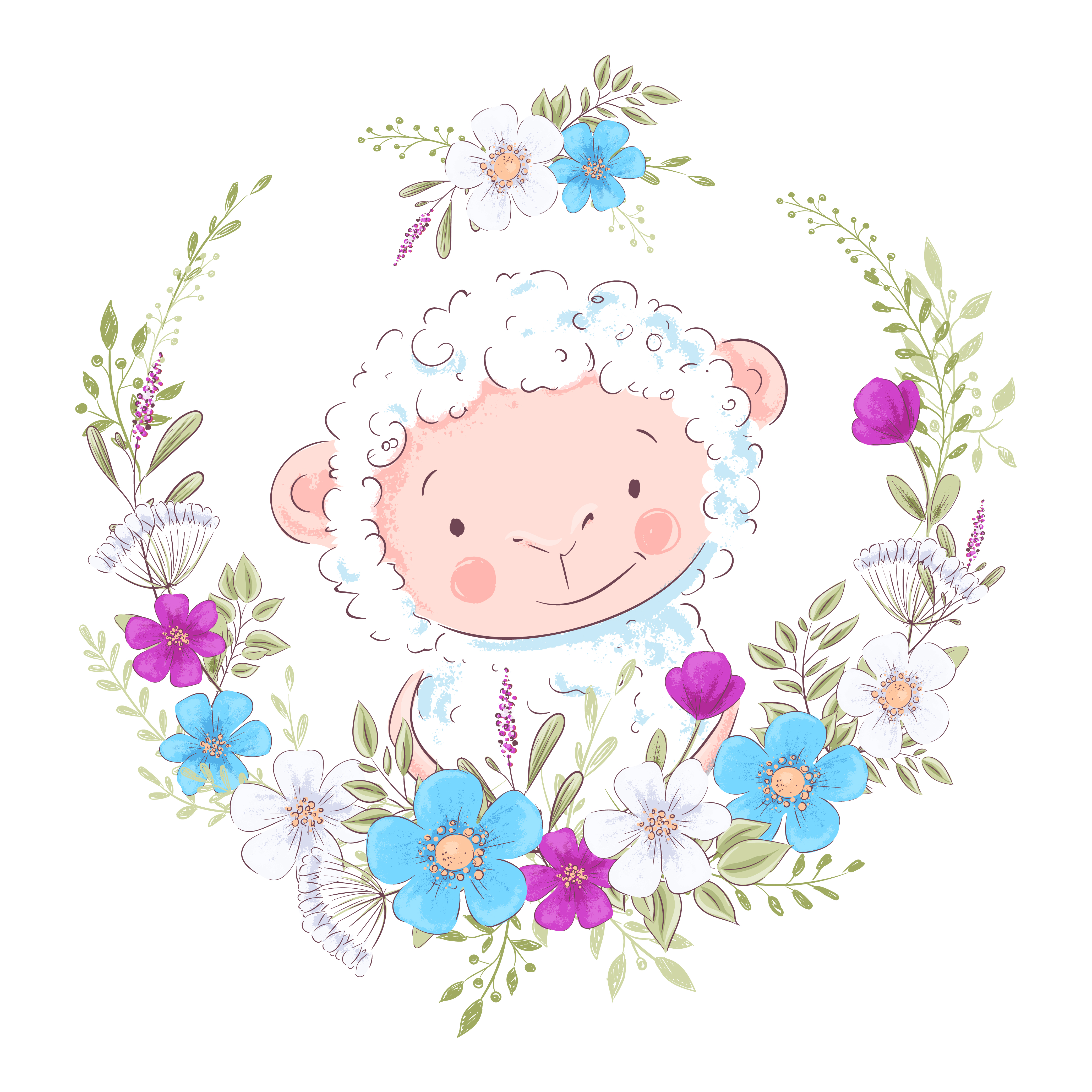 Cartoon illustration of a cute sheep in a wreath of blue ...