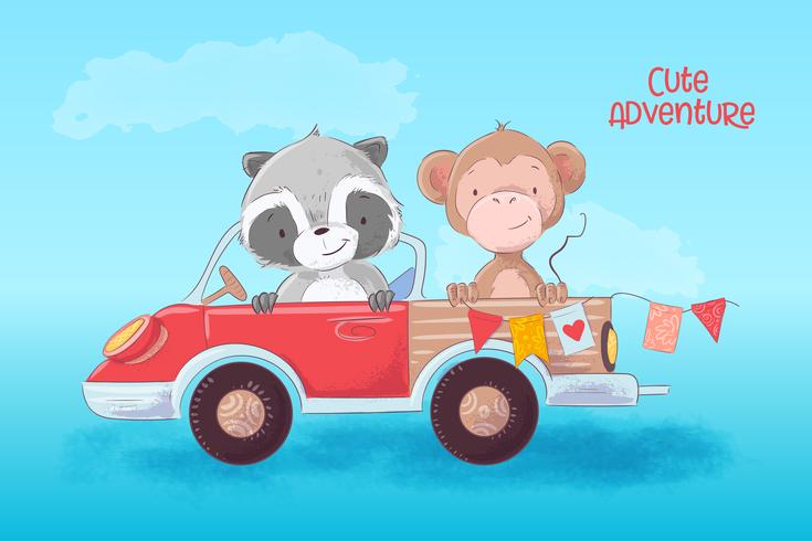 Cartoon illustration of a cute raccoon and monkey on a truck. Vector illustration