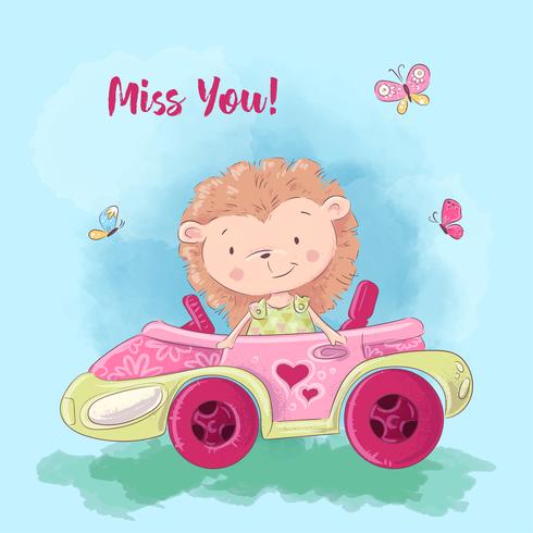 Cartoon illustration of a cute hedgehog on the car. Vector illustration