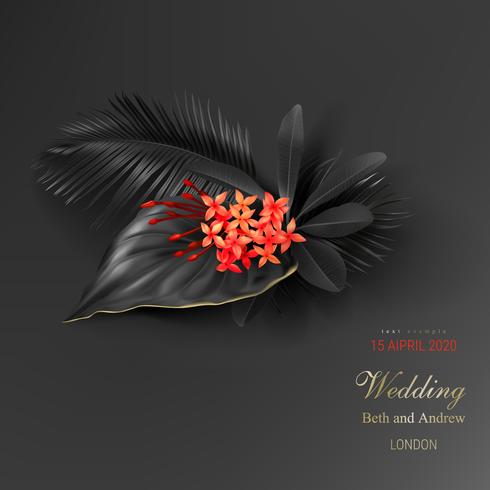 Tropical black leaves and exotic red flower vector