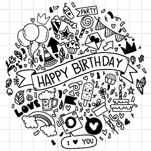 dibujado a mano ilustración vectorial feliz cumpleaños adornos a mano alzada fondo doodle ementevent patrón fiesta vector