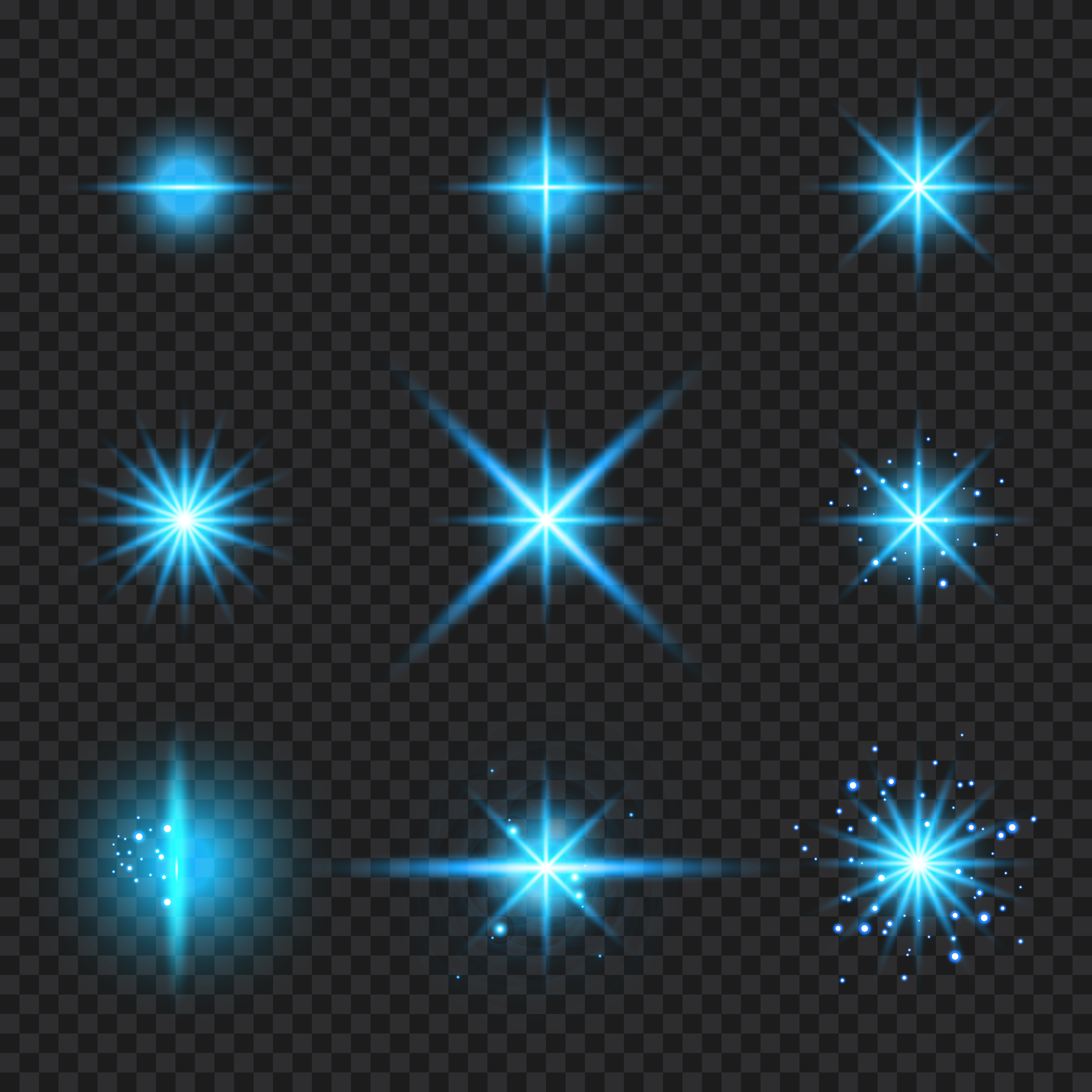 Set of elements glowing blue light burst rays,, stars bursts with
