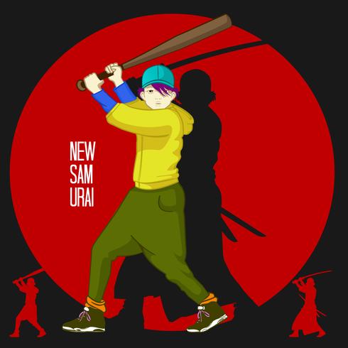 Chico japonés samurai joven con byte de beisbol vector