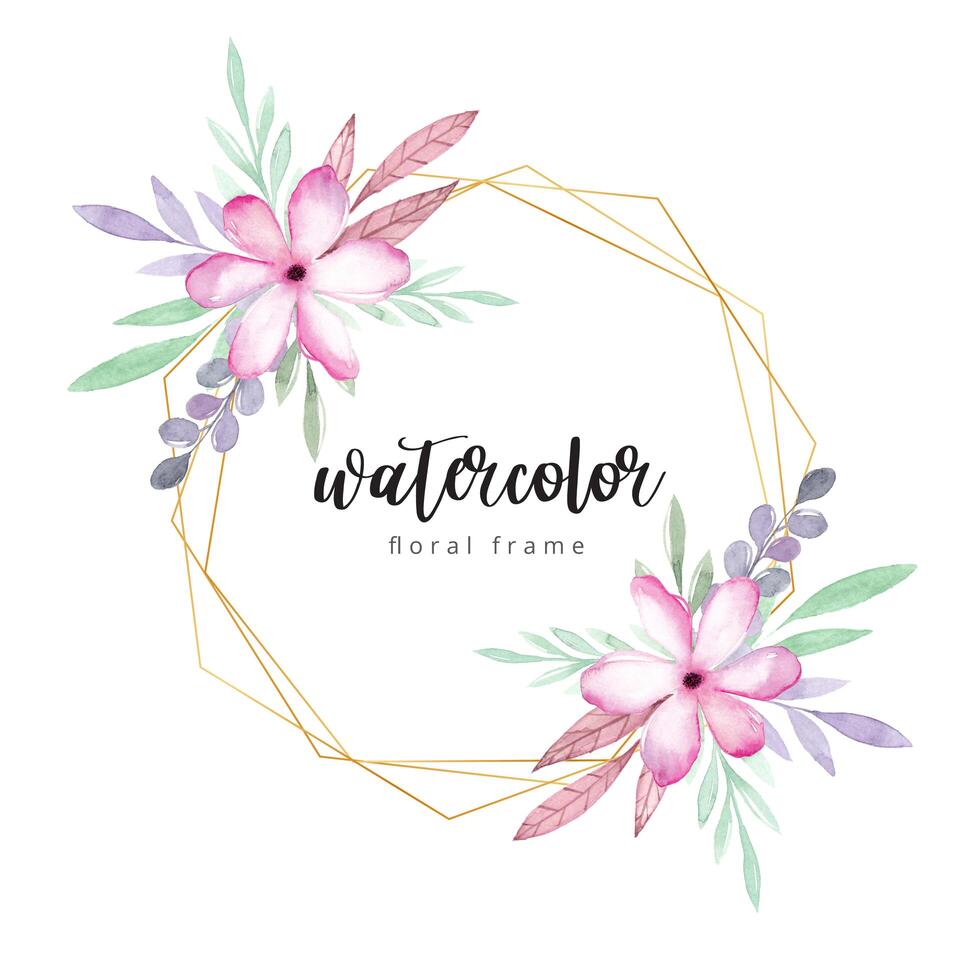 Watercolor floral frame with gold border vector