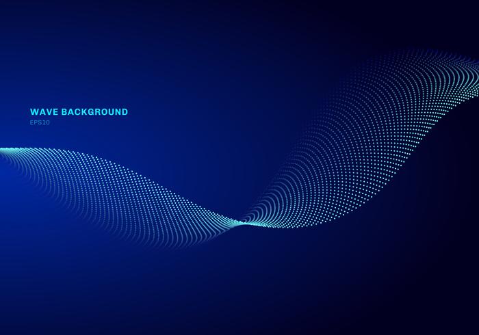 Abstract network design with particle light blue wave. Dynamic particles sound wave flowing on glowing dots dark background. vector