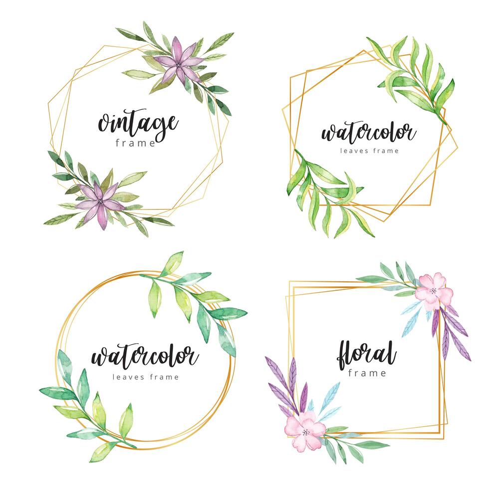 Watercolor floral frame with gold border vector