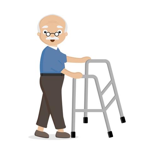 Old man using helper walker. vector