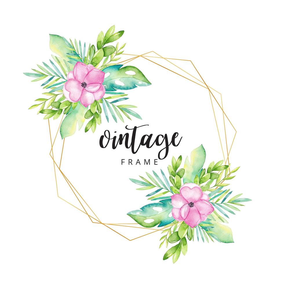 Watercolor floral frame with gold border vector