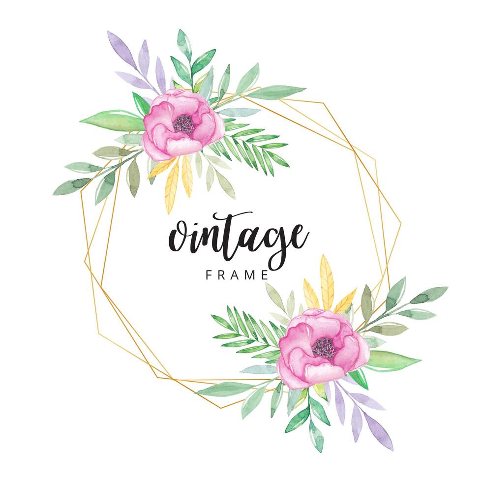 Watercolor floral frame with gold border vector