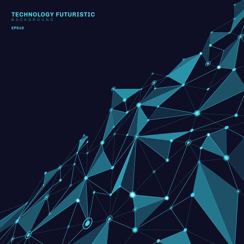 Formas poligonales abstractas sobre fondo de perspectiva azul oscuro que consiste en líneas y puntos en forma de planetas y concepto de tecnología de constelaciones. Conexión digital a internet. vector