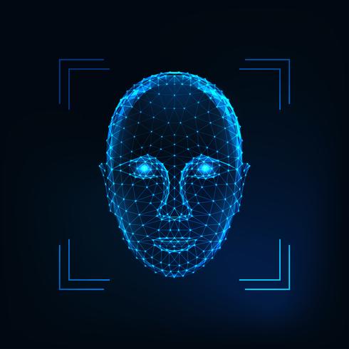 Biometric person identification, facial recognition concept. Futuristic low polygonal human face vector