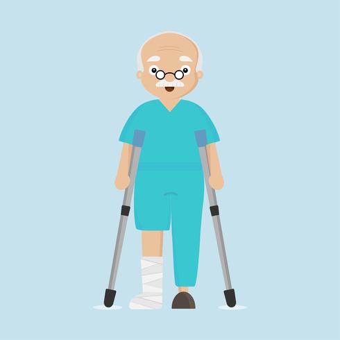Hombre mayor pierna rota mantener y caminar con muleta de aluminio. vector