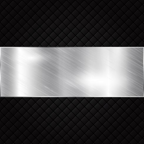 Banner metálico plateado sobre fondo negro con textura de cuadrados. vector