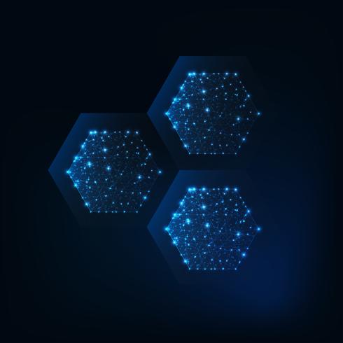 Abstract hexagonal structure molecule made of glowing lines, stars, dots, low polygonal shapes. vector