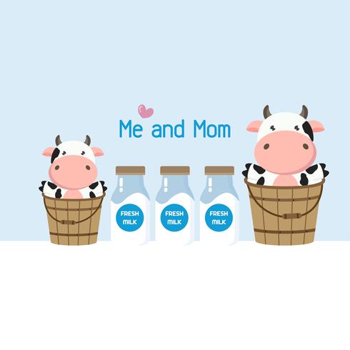 Madre y bebé vaca en un cubo de leche. Historieta linda del animal del campo. vector