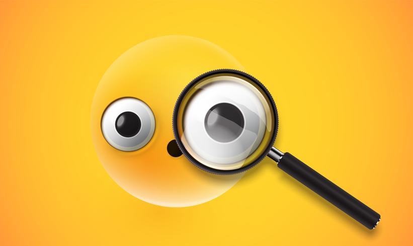 Emoticon amarillo alto detallado con un magnificador realista, ilustración vectorial vector