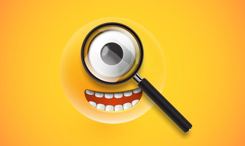 Yellow high detailed emoticon with a realistic magnifyer, vector illustration