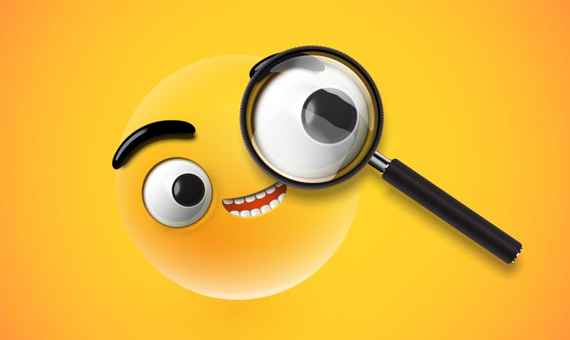 Yellow high detailed emoticon with a realistic magnifyer, vector illustration