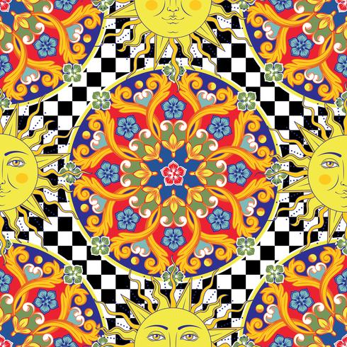 Fondo brillante sin fisuras Mandala ornamental redonda étnica colorida, sol con símbolo del rostro humano en el modelo a cuadros. Estilo de moda. Ilustración vectorial vector