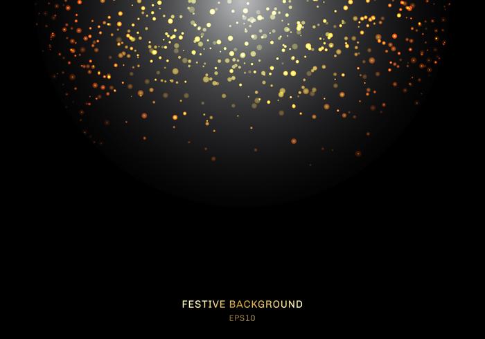 El brillo de oro que cae abstracto enciende textura en un fondo negro con la iluminación. Polvo de oro mágico y resplandor. Fondo festivo de navidad vector