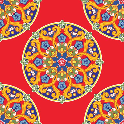 Seamless pattern background. Colorful ethnic round ornamental mandala on red. Vector illustration