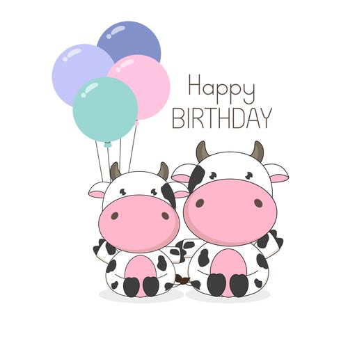 Tarjeta de felicitación de cumpleaños vacas lindas con globos vector