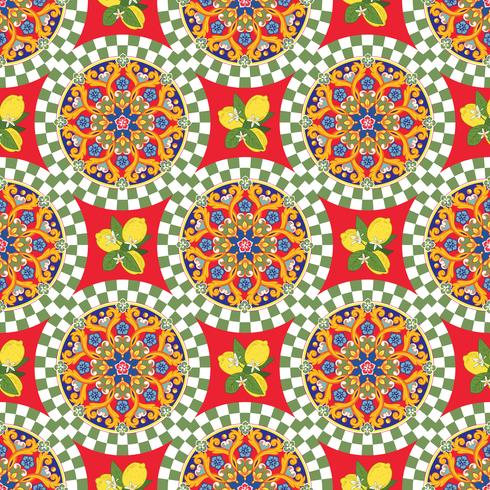 Seamless pattern background. Colorful ethnic round ornamental mandala with lemons. Vector illustration