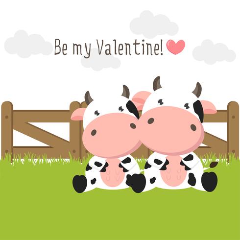 Couple of cute cows in love on green grass field. vector