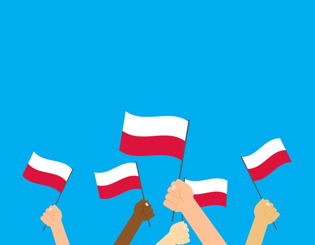 Vector illustration hands holding Poland flags on blue background 