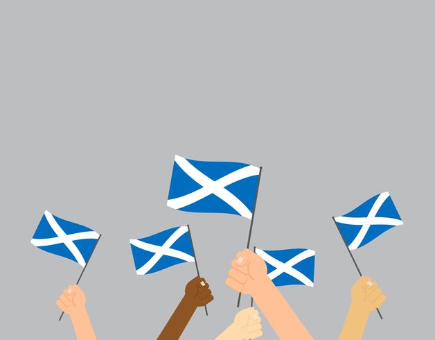 Vector illustration hands holding Scotland flags on gray background 